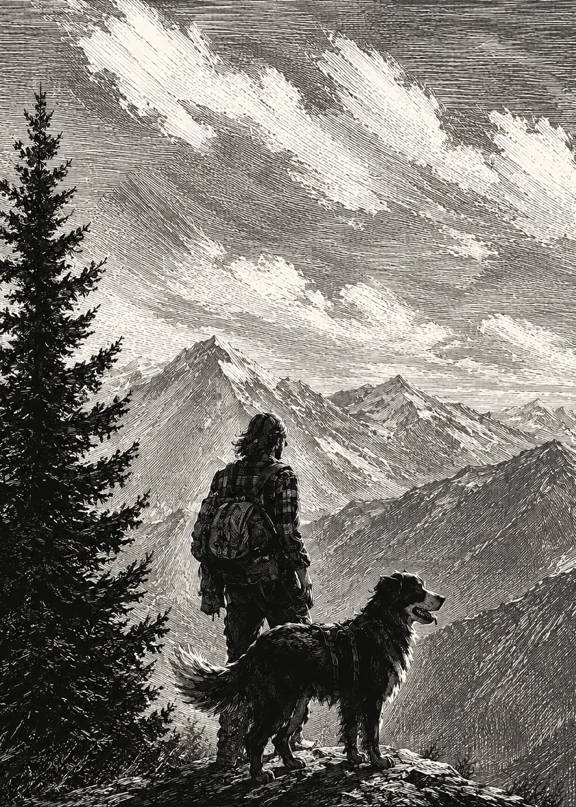 Black-and-white alpine landscape illustration with a hiker and dog